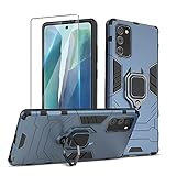 Btstring Hülle kompatibel mit Samsung Galaxy Note 20 mit Schutzfolie, Militär Standard Stoßfest Handyhülle Case Hybrid Metall Ring Halter Schutzhülle Handy Hüllen Cover- Blau