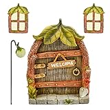 CHENEVER 14cm Harz Miniatur Elfen-Tür Wichteltür Gartendeko, Glühen in Dunklen Leuchten Miniatur Fenster und Tür für Outdoor Bäumedekoration Handwerk (Blätter)