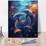 Meer Malen Nach Zahlen Erwachsene Delphin Malen Nach Zahlen Kreativ Set Erwachsene 60 x 80 cm, Leinwand Ölgemälde Bastelset mit Pinsel und Farben für Deko, Geschenke für Frauen, Ohne Rahmen -XY528
