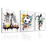 Rongxze 3 Stück Graffiti Jungenzimmer Wandbilder, Gemälde mit Fußballschuhen, Ball & Spieler, Sport-Dekoration für Schlafzimmer, Spielzimmer, Jungenzimmer, Wohnzimmer (40 * 30cm)