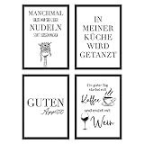 WBdesignz 4er Bilder Set für die Küche - Lustige Poster Wanddeko Bilderset mit Kaffee, Wein, Nudeln und Sprüchen (DIN A4 ohne Rahmen)