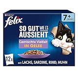 FELIX So gut wie es aussieht Senior Katzenfutter nass in Gelee, Sorten-Mix, 6er Pack (6 x 12 Beutel à 85g) Rind, Lachs, Huhn Sardine