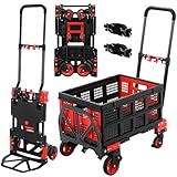 2-in-1 Sackkarre und Plattformwagen mit Klappbox, Transportwagen klappbar max.150 kg, Transportkarre 2 Spanngummis mit Haken, 3-stufig Höhenverstellbar, für Transport, Einkaufen, Camping (Rot)