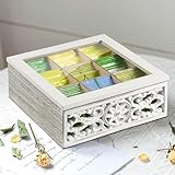 JAZUIHA Vintage Teebox - Teebeutel Aufbewahrungsbox aus Holz - Teebeutelbox mit Sichtfenster - Teekiste 9 Fächer - Shabby Weiß Teeaufbewahrung Teebeutelspender - Geschenk für sie