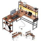 Flamaker Eckschreibtisch 140cm Reversibel Computertisch mit Bücherregale Schreibtisch L Form mit LED & Powe für Arbeitszimmer und Homeoffice, Vintage Braun