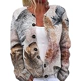 Damen-Strickjacke mit niedlichem Blumendruck, vorne offen, lässig, lässig, lockere Knopfleiste, langärmelig, 1H, Schwarz, XXL