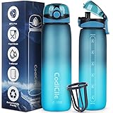 CodiCile Wasserflasche 1L Tritan, Trinkflasche 1l BPA frei, Spülmaschinensichere Sport Trinkflasche, Auslaufsichere Flasche mit Zeitmarkierung und Filter für Laufen, Fitness, Schule, im Freien