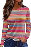 Langarmshirt Damen Rundhals Streifen Sport Langarm geometrischem Druck Tunika Shirt Elegant Casual Oberteile Vintage Langarmshirt Mode Landhausmode Atmungsaktiv Freizeit