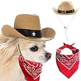 BSNRDX Hund Cowboy 2 Stück Haustier Cowboy Kostüm, Haustiergröße Cowboyhut und Bandana -Schal, Hundekatze Kostüm, Puppy Kitten Cosplay Accessoires, West Cowboy Accessoires, Karneval-Kostüme