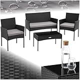 tectake® Rattan Gartenmöbel Set, Outdoor Lounge Möbel,1x Gartenbank, 2X Stuhl, 1x Balkontisch, mit Outdoor Kissen wetterfest, Balkonmöbel Kleiner Balkon, Lounge Gartenmöbel, Terrassenmöbel - schwarz