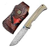Joa Klappmesser Schmale Taschenmesser Damast Scharfes damaskus stahl, G10 slim, Outdoor Edc Messer survival damaszener Jagdmesser, Damaststahl Einhandmesser mit Holster, hoher Härte damastmesser