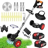 Rasentrimmer Mit Akku Leichter Freischneider 21V 2000Ah Batterie und Schnellladegerät,4-in-1-Rasentrimmer/Radkantenschneider/Mini Rasenmäher/Freischneider mit 3 Arten Klingen für Garten, Hof
