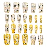 Bienen & Blumen GL-Am-Nägel, Drücken Sie Nägel, Gefälschte Fingernägel, Set Von 24 Entzückenden Bienen- Und Blumendesign, Leicht Zu Tragen Und Zu Entfernen, 4,61 Zoll, Für Dating, Reisen Oder Tägliche