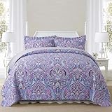 NEWLAKE Tagesdeckenset aus Baumwolle, wendbares Patchwork-Bettwäsche-Set, europäisches violettes Blumenmuster, Queensize-Größe