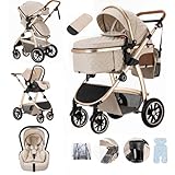 Lnhcrbs Kinderwagen 3 in 1, Baby Kinderwagen ist mit Einstellbarer Höhe Griff, Bergsteiger Kinderwagen mit Anti-Moskitonetz Regen Abdeckung Mumie Tasche Flaschenhalter,for 0-4 Years,22Kg,Beige