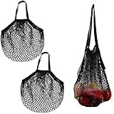 Zephyra 2 PCS Einkaufstasche Netz Wiederverwendbar, Mesh Baumwolle Einkaufen, Baumwolle Einkaufsnetz Bags, Einkaufsnetzbeutel mit langem Griff für die Aufbewahrung von Obst und Gemüse, Schwarz