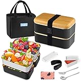 HOLIPOT Bento Box Schwarz, Lunchbox Brotdose mit Fächern 2 Ebenen mit 2 Stück Umweltfreundlichen PP & Edelstahlbehältern, mit Gabel-Löffel-Teilern Tragetasche,für Kinder und Erwachsene