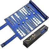 Reise Backgammon,Back Gammon Spiel aus massivem Holz - Klassisches Brettspiel für Familien,Reisen und Strategie-Liebhaber,Tragbar und langlebig,Königsblau