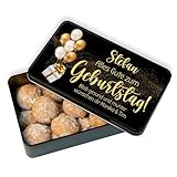 Geschenkdose personalisiert „Alles Gute zum Geburtstag“ – Metalldose mit Orangen-Makronen – aus dt. Confiserie – Geschenk für Familie, Kollegen, Freunde (18x11 cm, 25 Orangen-Makronen)