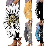akwuiopt Palazzo-Hose für Damen, Leinen, Blumendruck, kurze Hose, Leinenhose, gerade, hohe Taille, elastische Taille, lockere Passform, Sommerhose, bequeme Loungehose mit Taschen, Schwarz , S
