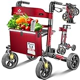 KESSER Leichtgewicht Rollator faltbar mit Sitz, Griff, Tasche, schmal für Senioren Wohnung, Klappbar, Höhenverstellbar, Reflektoren | All Gelände Reifen Indoor-& Outdoor, Gehhilfe, Laufhilfe, Bordeaux
