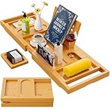 Yirilan Badewannenablage Bambus Faltbares, 41 Fuß Badewannentablett einziehbar,Verstellbar Badewannenbrett mit Buchstützen, Seifenhalter, Handtuchhalter und Weinglashalter