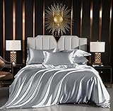 Luofanfei Satin Bettwäsche Grau 135x200 Glänzend Einfarbig Bettbezug Set Seide Glatt Luxus Bettwäsche Set Glanzsatin Polyester Einzelbett mit Reissverschluss und Kissenbezug 80x80 cm
