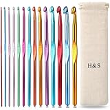 H&S Häkelnadel Set - 14-teilig - Aluminum Häkelset mit Ergonomischen Griff - Häkeln & Stricken auch für Anfänger & Kinder - Mit Kostenlosen Häkel Etui - Häckelnadeln - Stricknadeln - Häkelset