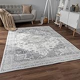 Paco Home Teppich Wohnzimmer Schlafzimmer Kurzflor rutschfest Weich Vintage Orientalisch Mandala Modern Bordüre Ornament, Grösse:160x220 cm, Farbe:Grau 3