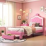 Bett für Mädchen, 90 x 200 cm, Einzelbett mit Lattenrost und LED-Beleuchtung, Prinzessinnen-Betten, Rosa, mit gepolstertem Kopfteil verstellbar, in Form einer Krone, rosa