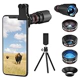 Selvim Objektiv Handy Linse Kit Lens Set, 4 Arten mit Stativ, 22x Teleobjektiv, 25x Makroobjektive, 0,62X Weitwinkel, 235° Fischaugenobjektiv für iPhone, Samsung und die meisten Smartphones