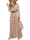MessBebe Damen Boho Blumendruck Maxi Kleid V-Ausschnitt Langarm High Taille Sommerkleid Herbst mit Gürtel Rot M
