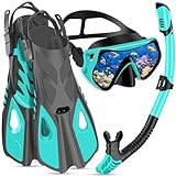 IEEILULU Schnorchelset Erwachsene mit Flossen, Schnorchelmaske Set mit Antibeschlag Taucherbrille,180° Panorama Glaslinse, Verstellbaren Flossen & Tragetasche für Schnorcheln Tauchen (Green-L/XL)
