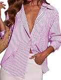 Rapbin Bluse Damen Langarm Blusenshirt Elegant Hemdbluse Casual Büro Arbeit Blusen Baumwolle Tunika Hemd Oberteile Rosa-weiß gestreift XXL