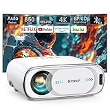 Beamer 4K【Auto-Objektivabdeckung/Autofokus/6P/6D Keystone】 850ANSI 1080P Full HD WiFi6 Bluetooth5.2 Projektor, Jimveo 400' Display Video Beamer Klein Heimkino Unterstützt 4K mit 50% Zoom für Innen