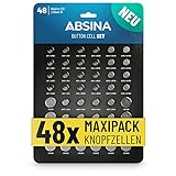 ABSINA 48er Pack Alkaline & Lithium Knopfzellen - 4X AG1 / 4X AG3 / 8X AG4 / 8X AG10 / 8X AG13 / 4X CR2016 / 4X CR2025 / 8X CR2032-1,5V & 3V Knopfzelle Sortiment auslaufsicher - Knopfbatterien