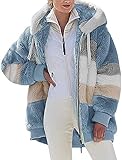 Livonmone Fleecejacke Hoodie Damen Kapuzenpullover Teddy-Fleece Warm Herbst Wintermantel Stilvoller ReißVerschluss Fellmantel PlüSchjacke Mit Taschen (Blau, XXL)