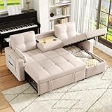 Oslghy Sofa Ecksofa mit Schlaffunktion, Ausziehbares Schlafsofa Couch mit Fußhocker, Moderne L Form Schlafcouch mit Stauraum und Getränkehalter für Wohnzimmer Schlafzimmer und Wohnung, Leinen (Beige)