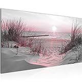 Runa Art Wandbild Strand Sonnenuntergang 1 Teilig 100 x 40 cm Modern Bild auf Vlies Leinwand Meer Natur Schlafzimmer Wohnzimmer Rosa Grau 041712b