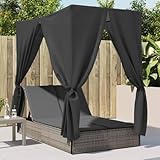 HUAKEHOM Doppelliege mit Dach und Vorhängen Sonnenliege Gartenliege Verstellbare Rückenlehne Relaxliege Sonneninsel Liege Gartenmöbel Grau Poly Rattan