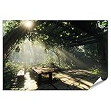 islandburner XXL Bild Poster Sonnendurchfluteter Garten mit Holzbank und Laubendach Premium Bilder Fotodruck
