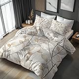 Hell Blätter Bettwäsche 200x220 Bügelfreie - Linie Zweige Feinbiber Muster, Renforce Wendebettwäsche Bettbezug 3-teilig Set Cozy Mikrofaser Mit Reißverschluss, 2 Kissenbezug, Geschenk Blätter LS2317