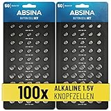 ABSINA 100er Pack Alkaline Knopfzellen Sortiment - 20x AG1 / 30x AG3 / 20x AG4 / 20x AG10 / 10x AG13-1,5V Batterie Sortiment auslaufsicher - Knopfzellen Set gemischt, Batterien Set gemischt