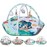 Lilian&Gema Spielbogen Baby, 4 in 1 Spieldecke Baby, Baby Spielmatte mit 6 Spielzeugen, Spielmatte Baby Faltbar Zoo Design, Krabbelmatte Baby ab der Geburt, Baby Spielmatte mit Bauchzeit Kissen