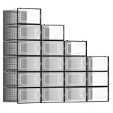 SONGMICS Schuhboxen, 18er Set, Schuh-Organizer aus Kunststoff, faltbar und stapelbar, für Schuhe bis Größe 44, transparent-schwarz LSP18SBKV1
