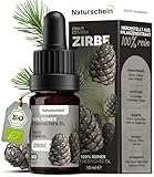 Naturschein BIO Zirbenöl 10ml [100% Naturrein] | Ätherisches Öl für Aromatherapie, Hautpflege & Haushalt | Vielseitig Anwendbar | Aus Italien (Pinus Cembra)