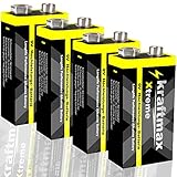 kraftmax 4er Pack Xtreme 9V Block Hochleistungs- Batterien ideal für 10 Jahres Rauchmelder - 6LR61 9 Volt Longlife Blockbatterie mit maximaler Lebensdauer