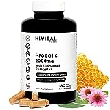 Propolis 2000 mg. 180 vegane Kapseln für 6 Monate. Propolis-Extrakte mit 10% Galangin, Echinacea mit 4% Polyphenolen und Eukalyptus. Für das Immunsystem und die Atemwege