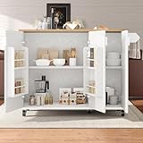 BENMWS Kücheninsel 130x45(75) x92cm,Speisewagen mit Holzmaserung,Buffet,Ausziehbarer Küchenwagen auf Rädern mit Handtuchhalter,Gewürzregal,Trennwände verstellbar,3 Türen,Weiß