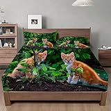 Spanbettlaken 180x200 Janju-Katze Spannbetttuch GrüNe BläTter Bettlaken Boxspringbett mit Gummizug Spannbettuch Mikrofaser für Matratzen von 30 cm Mit 2 Kissenbezüge 80x80 cm